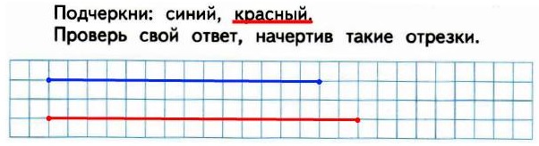 рабочая тетрадь математика 2 класс 25. Даша начертила два отрезка: синий и красный. Длина синего отрезка меньше, чем 1 дм, на 3 см, а длина красного отрезка меньше, чем 1 дм, на 2 см. Какой отрезок длиннее?