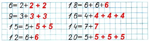 математика 2 класс рабочая тетрадь 2 часть страница 48 14. Закончи записи, заменяя каждое число суммой одинаковых слагаемых.