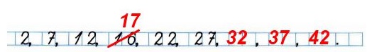 Найди ошибку при составлении ряда чисел, исправь её и запиши ещё три числа в этом ряду. 2, 7, 12, 16, 22, 27, ...