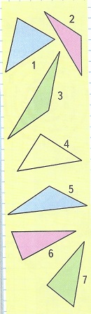 стр 85 Выпиши номера остроугольных, прямоугольных и тупоугольных треугольников