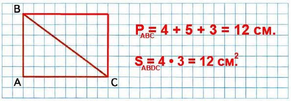 стр 59 тетрадь 1 часть математика 3 класс номер 161 Вычисли периметр треугольника ABC. Дополни треугольник ABC до прямоугольника. Найди площадь полученного прямоугольника.