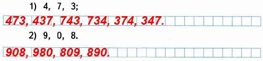 Запиши все возможные трёхзначные числа, используя каждую из данных цифр в записи числа только один раз. 1) 4, 7, 3; 2) 9, 0, 8.