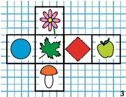 Начерти в тетради такую же развертку куба (рис. 3). Нарисуй на ней заданные предметы и геометрические фигуры так, чтобы напротив друг друга были: круг и квадрат; лист и яблоко; гриб и цветок.