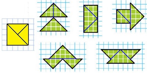 номер 2 стр 70 разрежь его на 3 таких треугольника, из которых можно составить эти фигуры