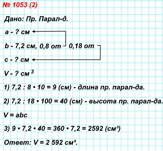 математика 5 класс номер 1053 2) Ширина прямоугольного параллелепипеда равна 7,2 см, что составляет 0,8 его длины и 0,18 его высоты. Вычислите объём параллелепипеда.