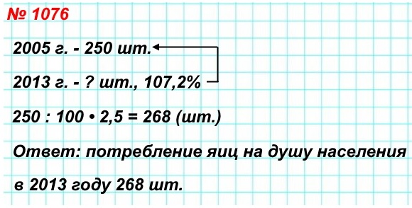 математика 5 класс номер 1076. В 2005 г. потребление яиц в Российской Федерации составляло 250 штук на душу населения. В 2013 г. потребление яиц на душу населения составило 107,2 % по отношению к 2005 г. Каким было потребление яиц на душу населения в 2013 г.?
