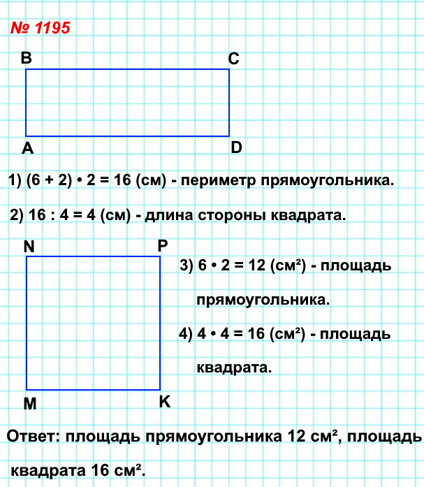 математика 5 класс номер 1195. Начертите прямоугольник со сторонами 6 см и 2 см. Постройте квадрат, периметр которого равен периметру этого прямоугольника. Вычислите площади прямоугольника и квадрата.