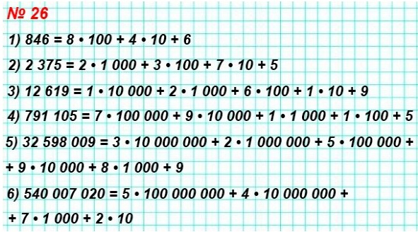 математика 5 класс номер 26. Запишите в виде суммы разрядных слагаемых число: 1) 846,  2) 2375,  3) 12619, 4) 791105, 5) 32598009, 6) 540007020