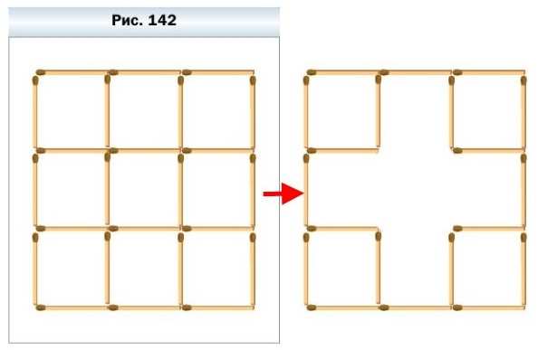 математика 5 класс номер 419 3) Какие четыре спички надо убрать (рис. 142), чтобы остались пять квадратов?