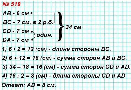 математика 5 класс задача номер 518. Периметр четырёхугольника ABCD равен 34 см, АВ = 6 см, сторона ВС в 2 раза больше стороны АВ, стороны CD и AD равны. Вычислите длину стороны AD.