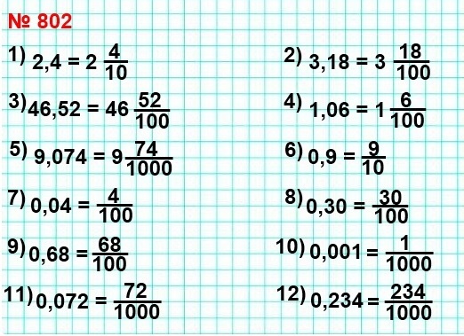 математика 5 класс номер 802. Запишите число в виде обыкновенной дроби или смешанного числа: